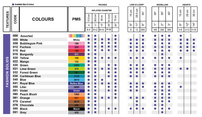 Sempertex Balloon Color Chart