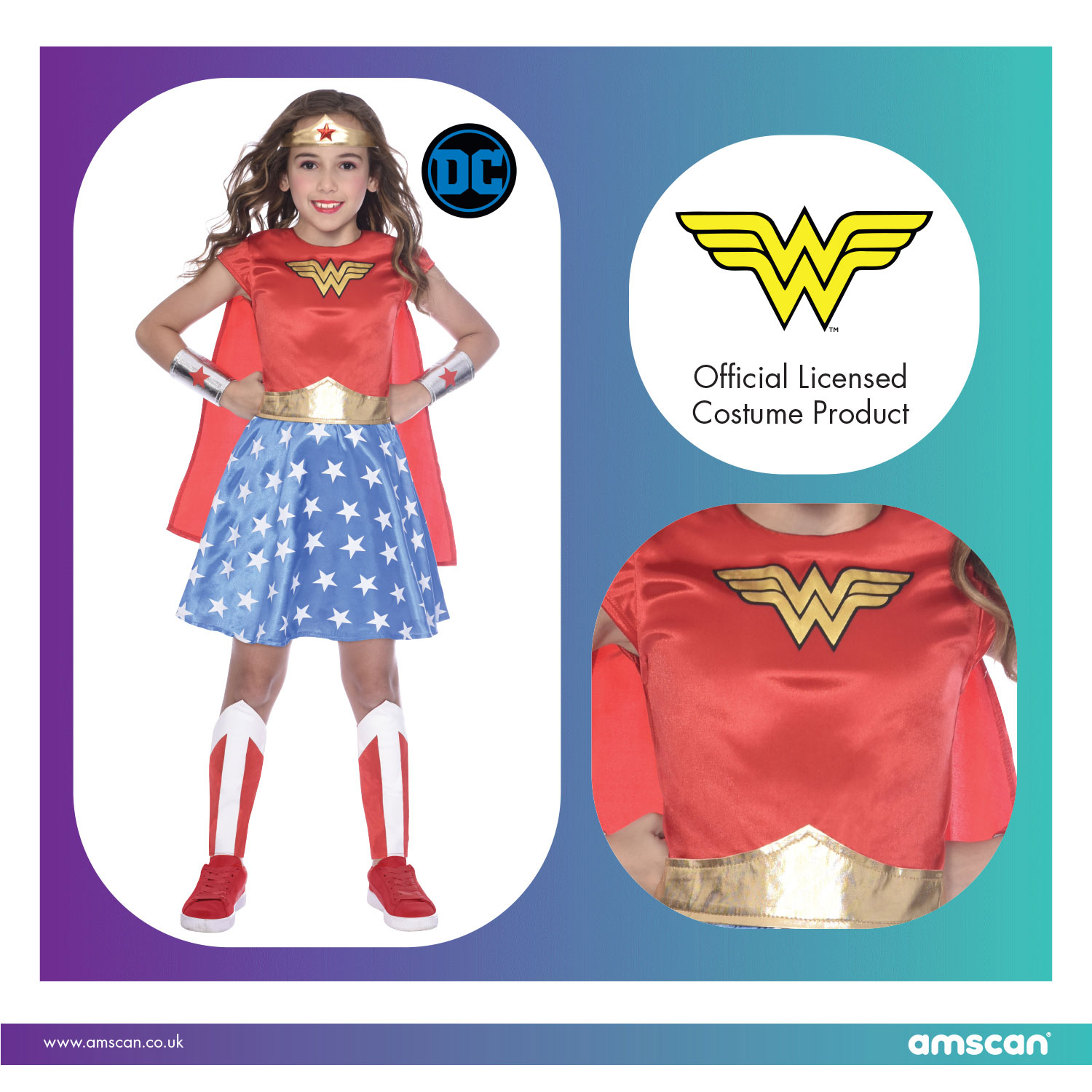 Licensed Wonder Woman fancy dress costume Cape & Headband 3-4 5-6 7-8 years BNWT 